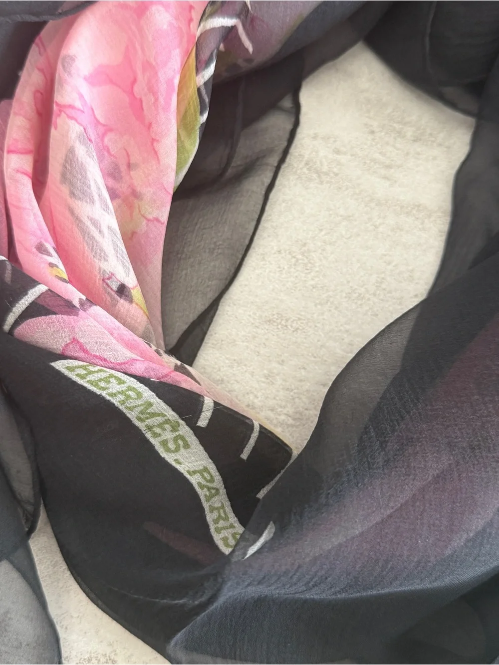Hermes Pink Floral Silk Scarf with Black Border and Green Leaves